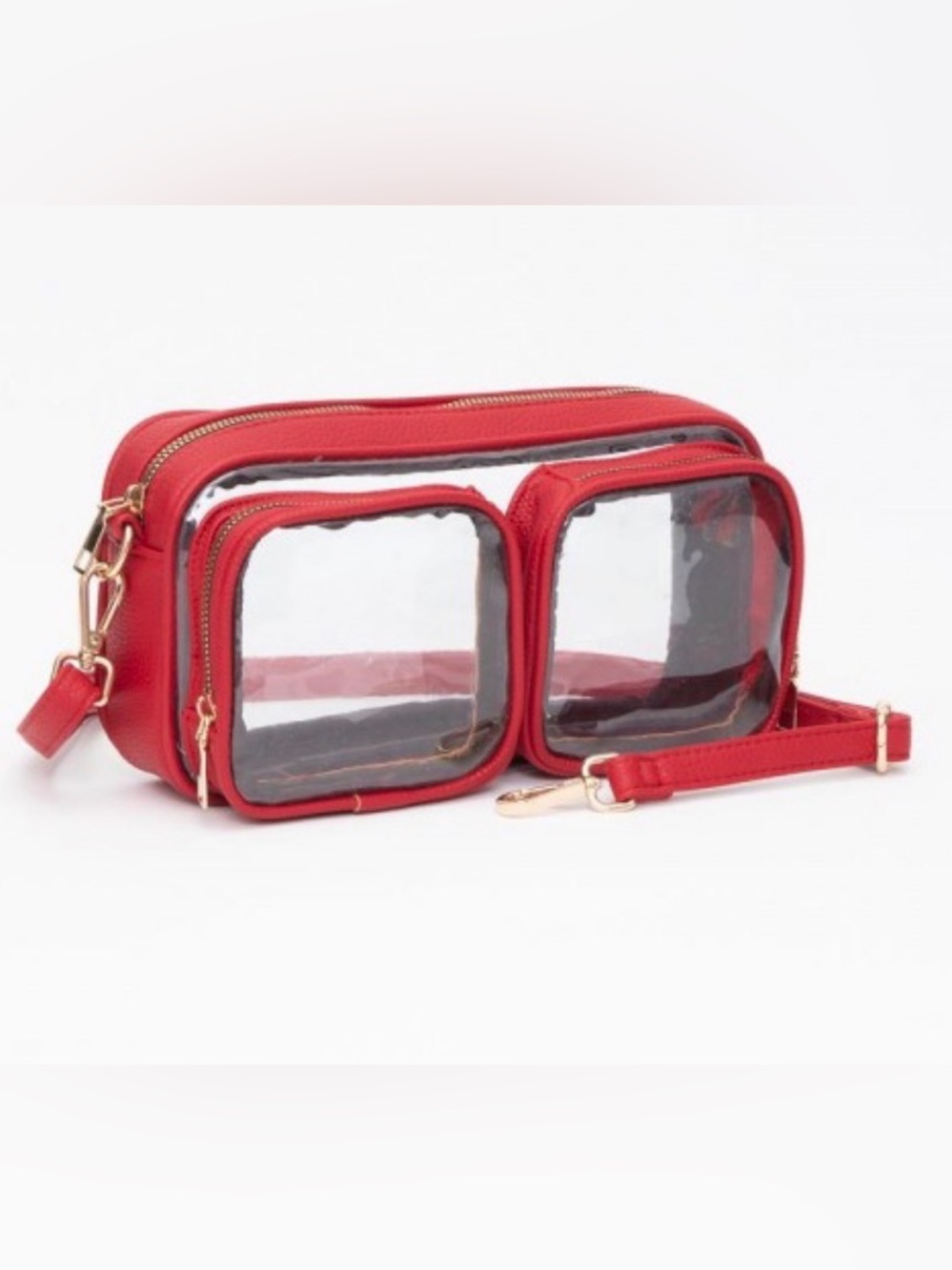 Clear Red Crossbody Bag with Vegan Leather Trim & Pockets